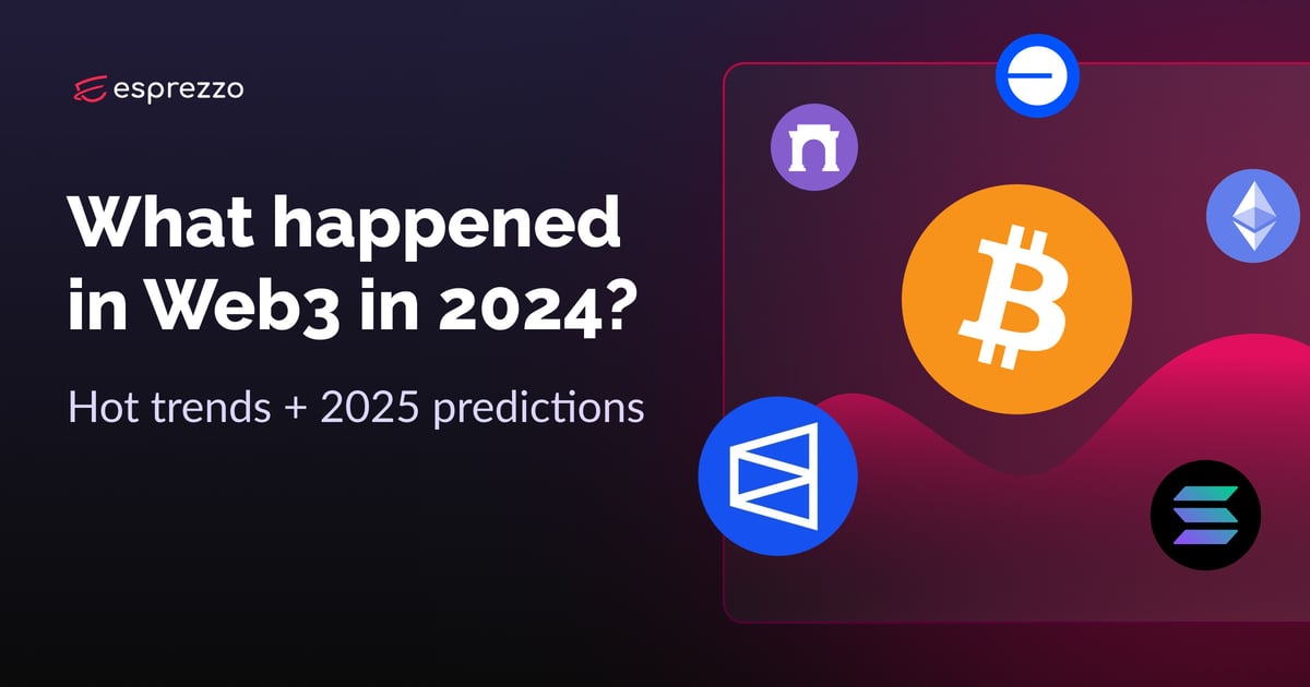 Web3 2024 trends and 2025 predictions with logos of Bitcoin, Solana, Ethereum, and Polymarket