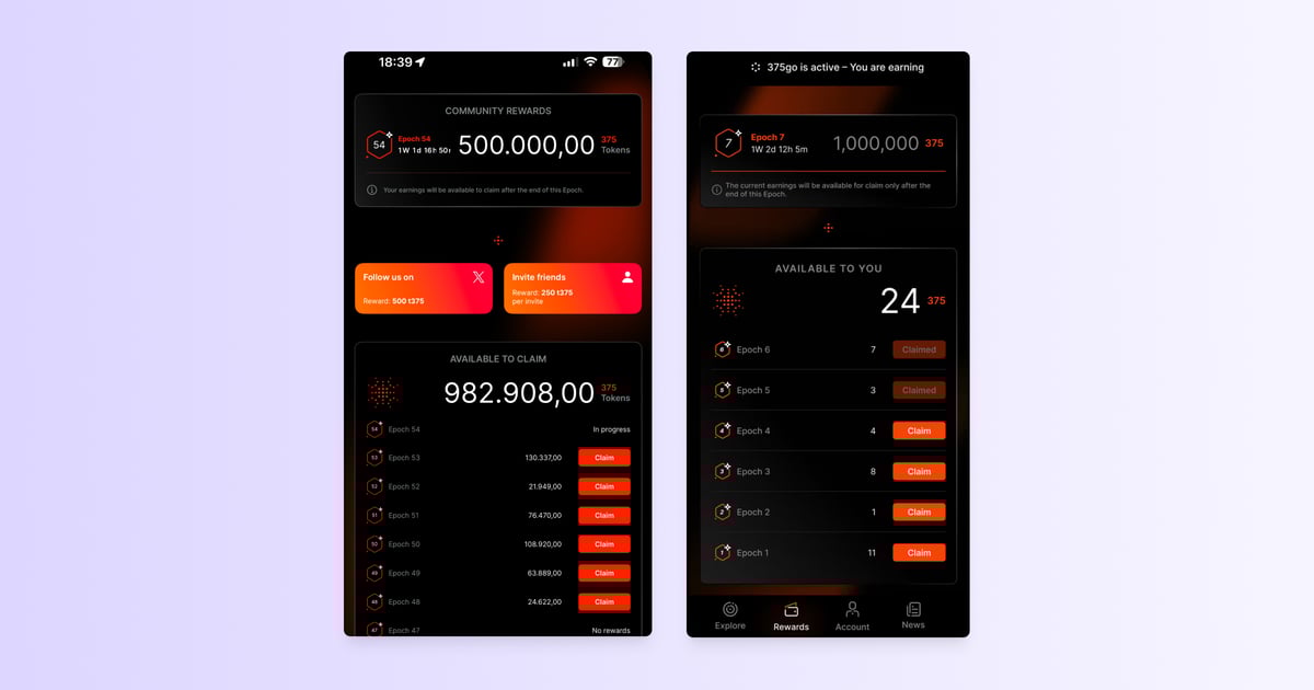 375ai mobile app interface highlighting community rewards, token claims, and referral incentives for decentralized data contributors.