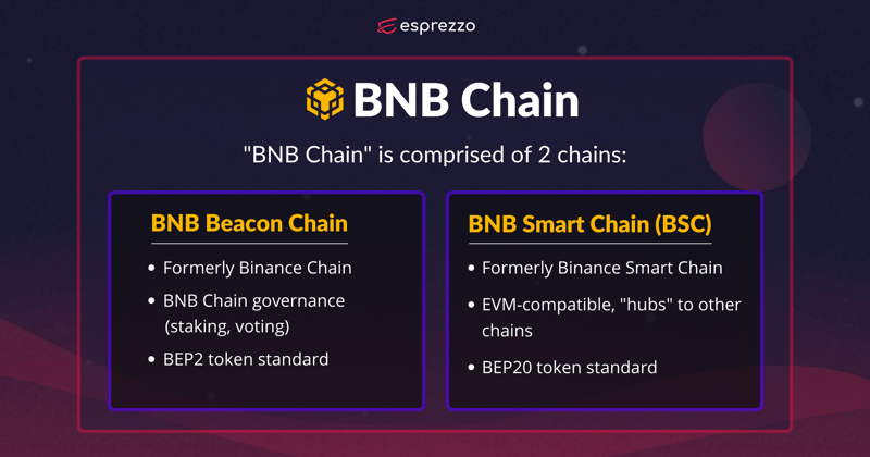 BNB Beacon Chain and BNB Smart Chain, the two chains making up BNB Chain by Binance