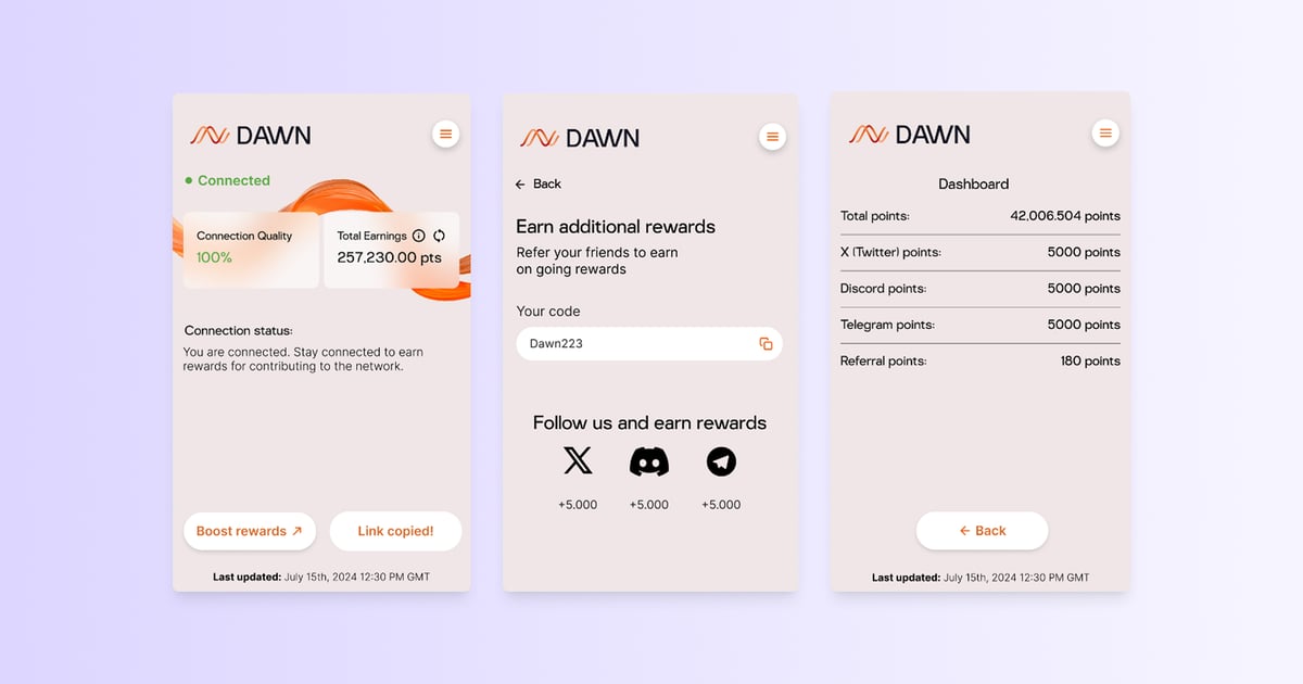 Dawn app interface showing connection quality, total earnings, referral rewards, and social engagement incentives for neighborhood WiFi sharing.