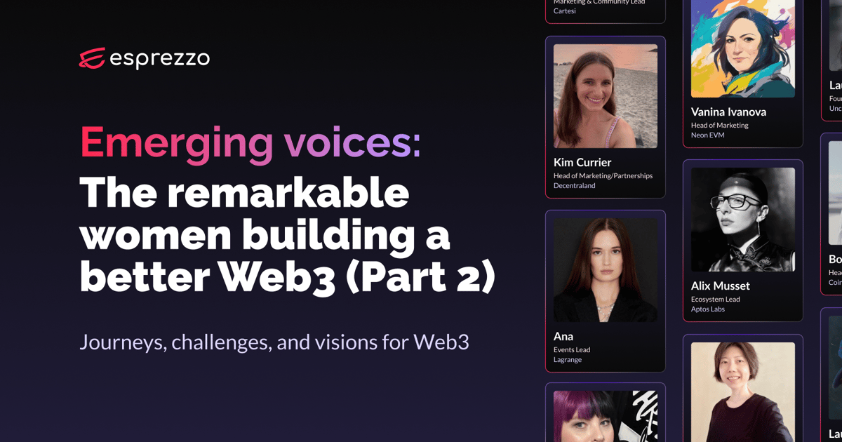 Blog cover image for 'Emerging voices: The remarkable women building a better Web3 (Part 2)' featuring headshots of women leaders in blockchain including Kim Currier, Vanina Ivanova, Alix Musset, and Ana, with a subtitle 'Journeys, challenges, and visions for Web3' against a dark background with Esprezzo logo.