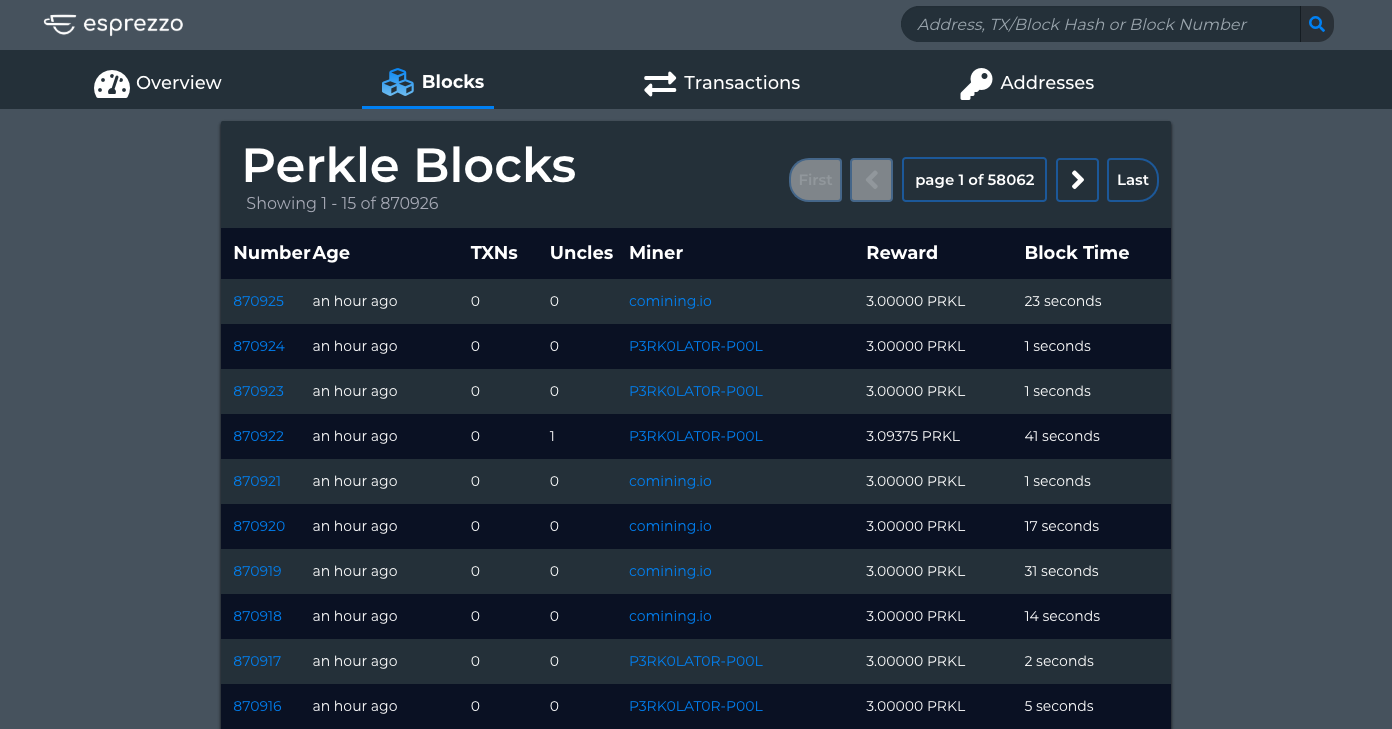 Esprezzo Block Explorer blocks list