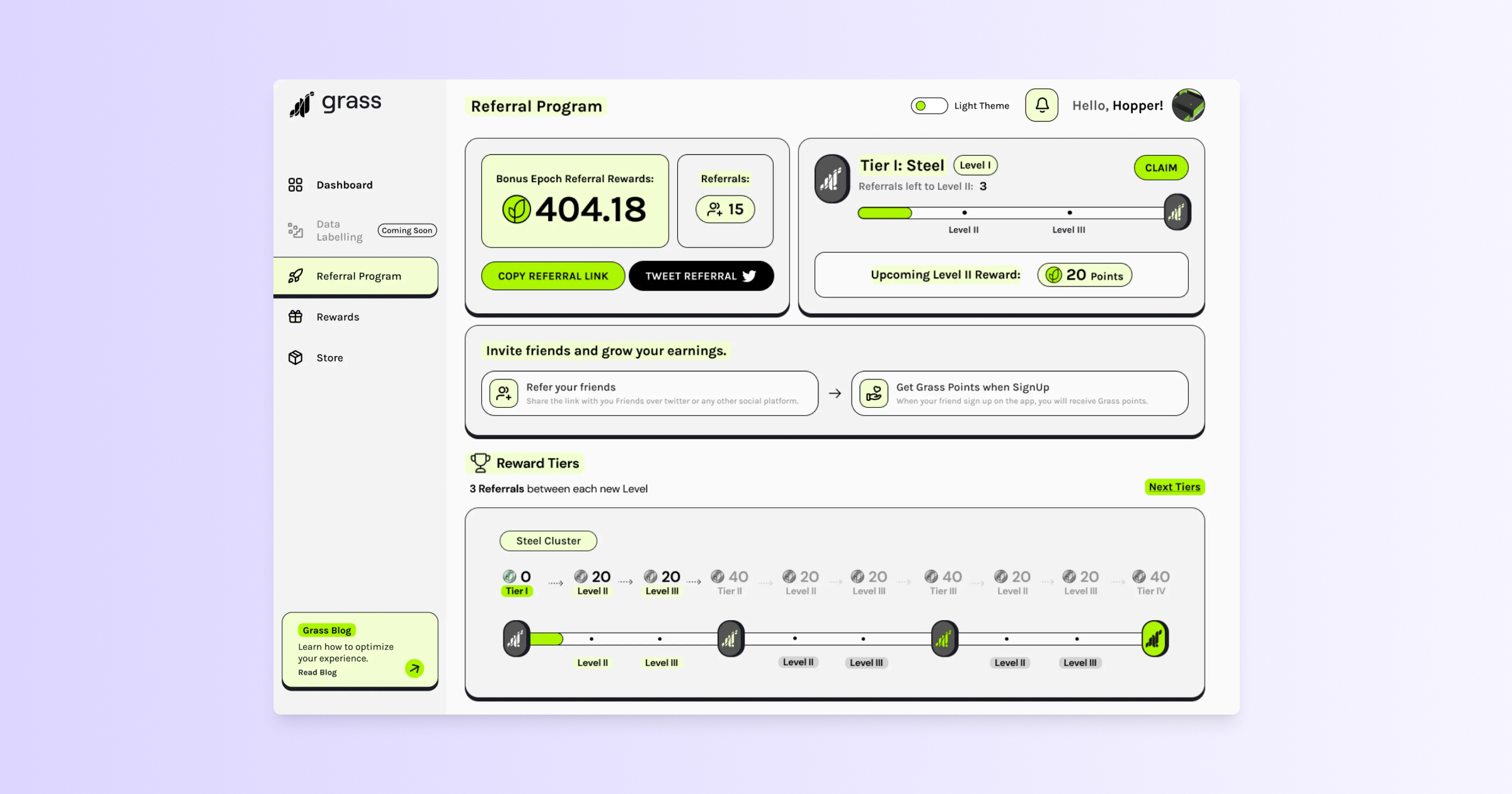 Grass referral program dashboard displaying user rewards, referral tiers, and earnings tracking within the decentralized bandwidth sharing network.
