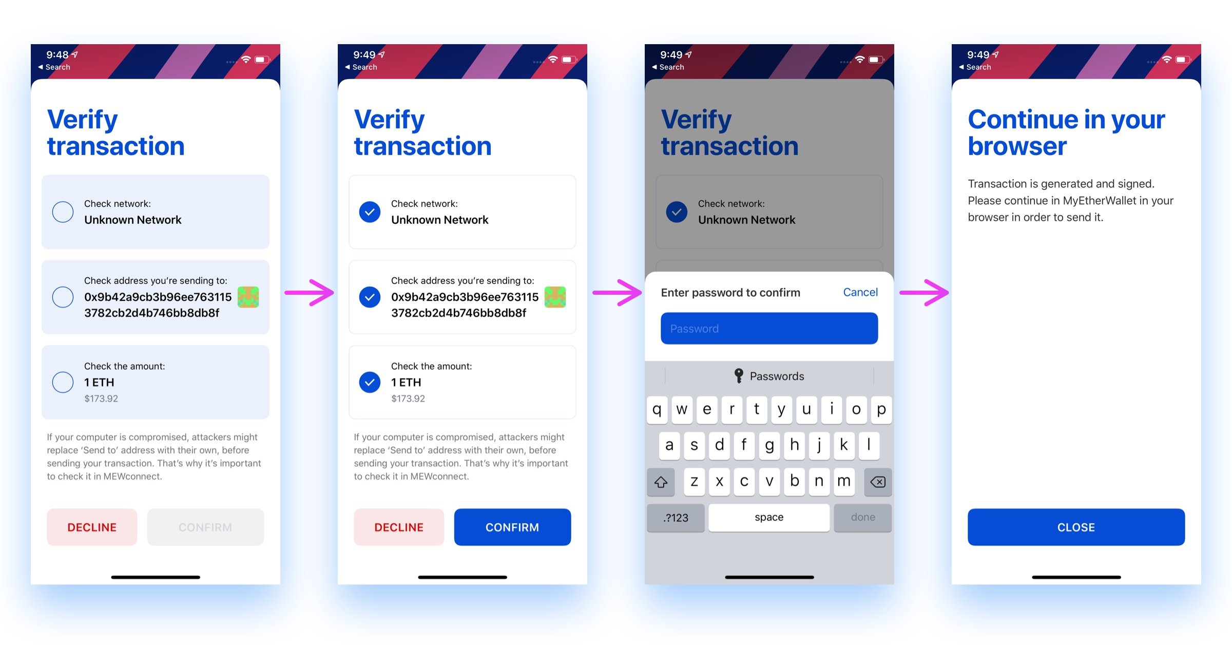 MEWconnect verify and sign-transaction iOS app screen shots