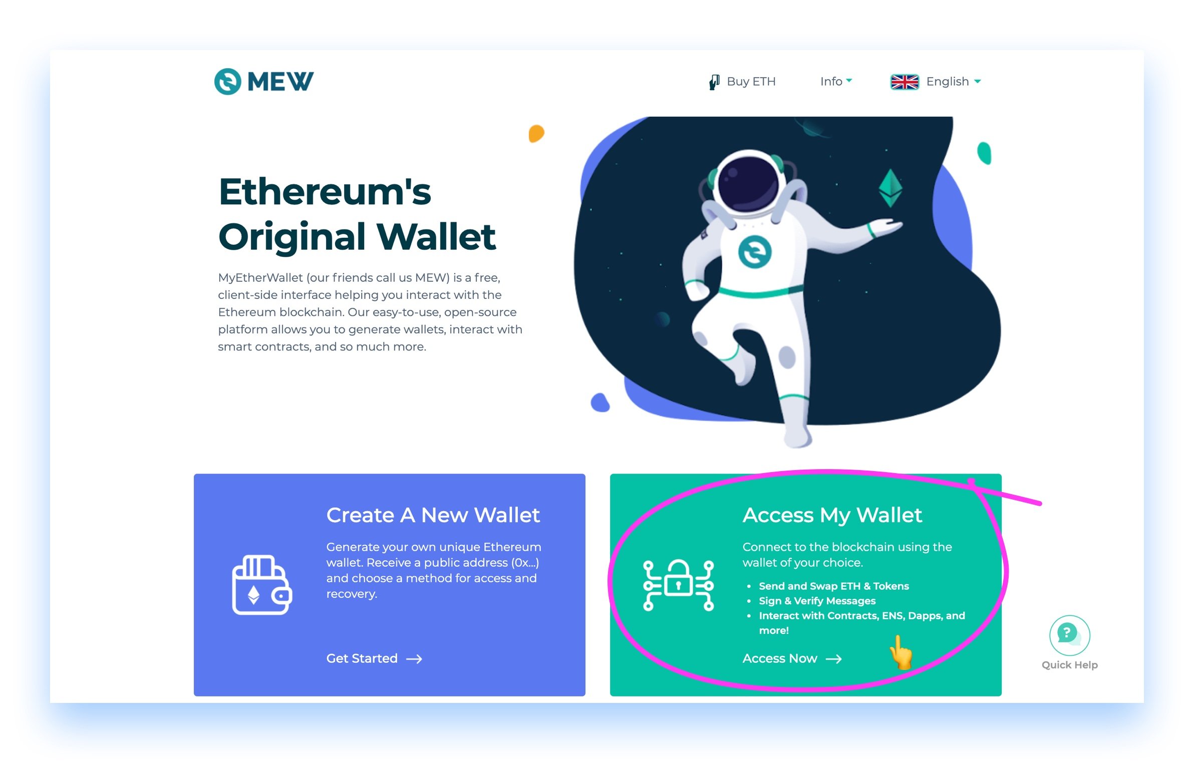 Screen shot of MyEtherWallet MEW homepage July2020