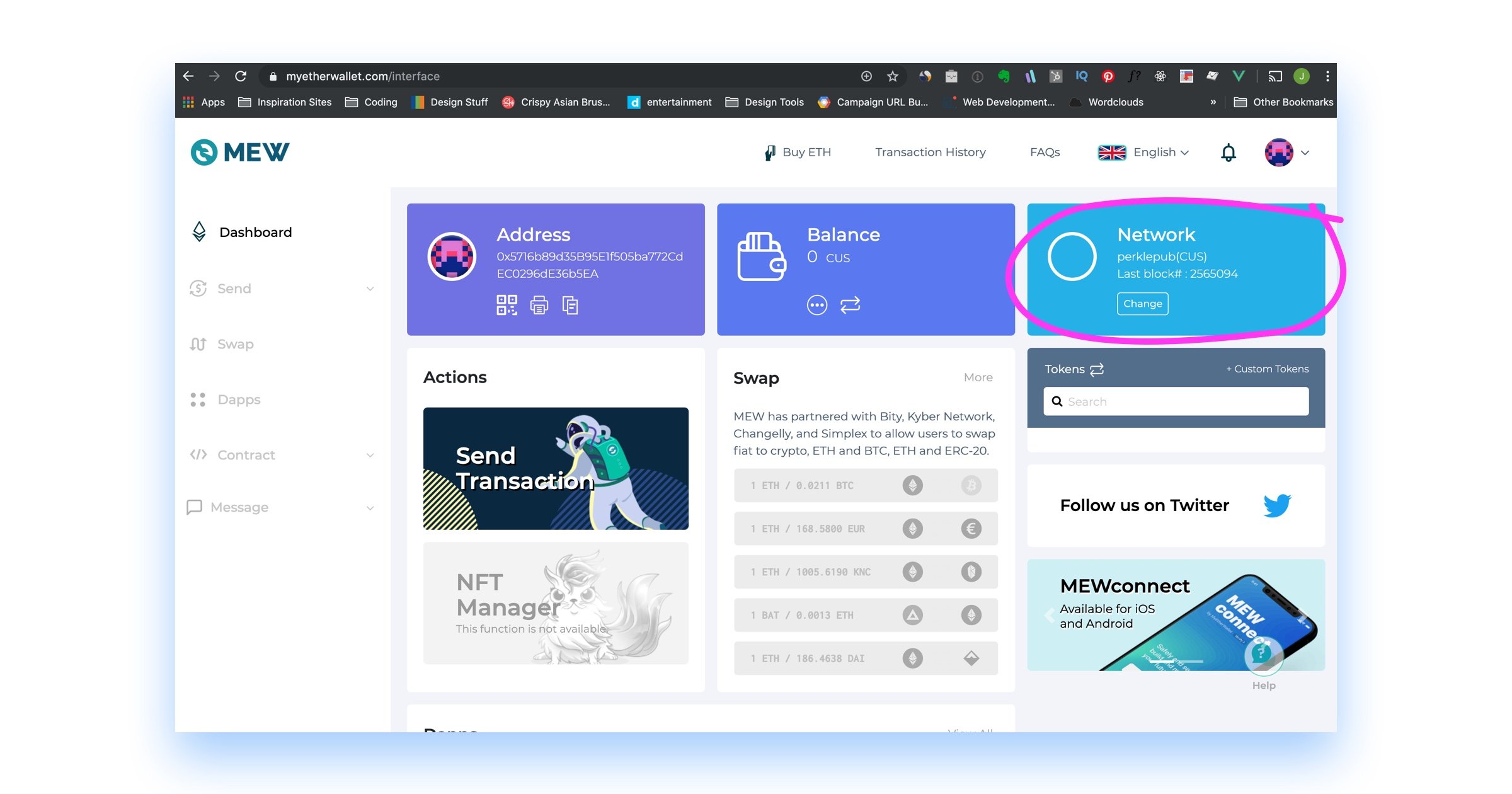 screen shot of MyEtherWallet dashboard connected to Perkle blockchain