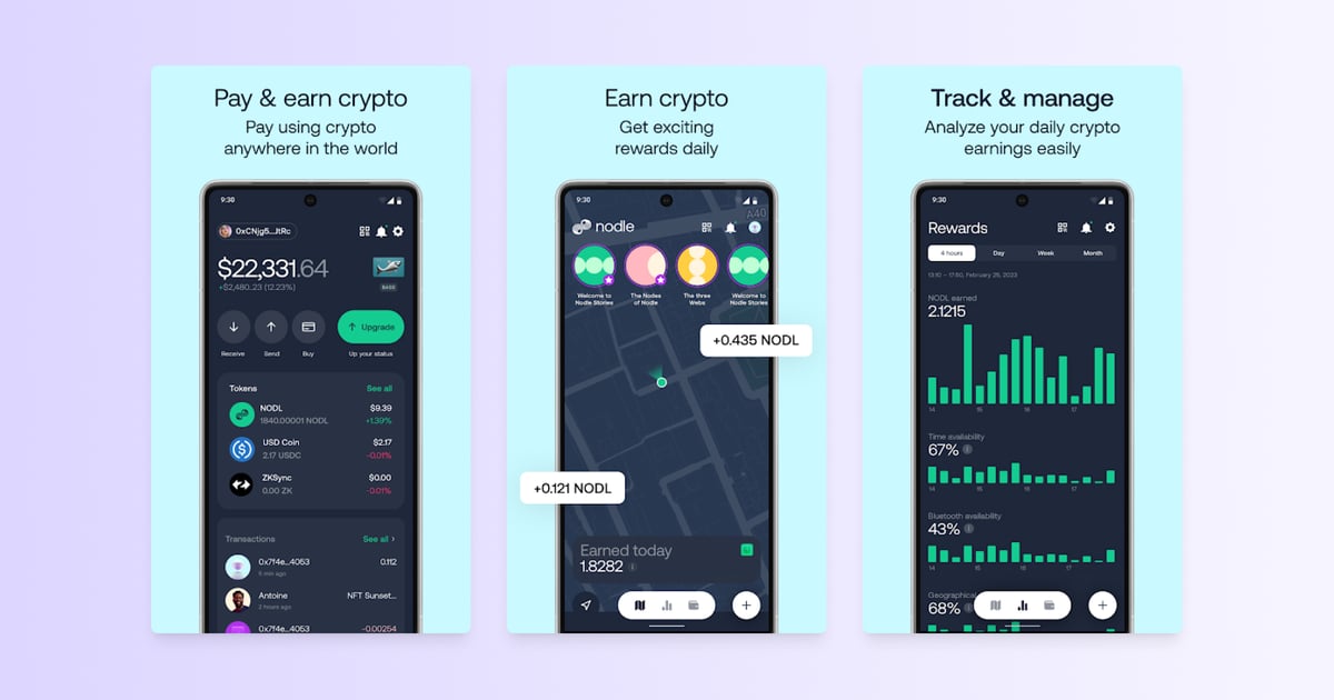 Nodle Network DePIN mobile app interface showing crypto payments, daily rewards, and earnings tracking features.