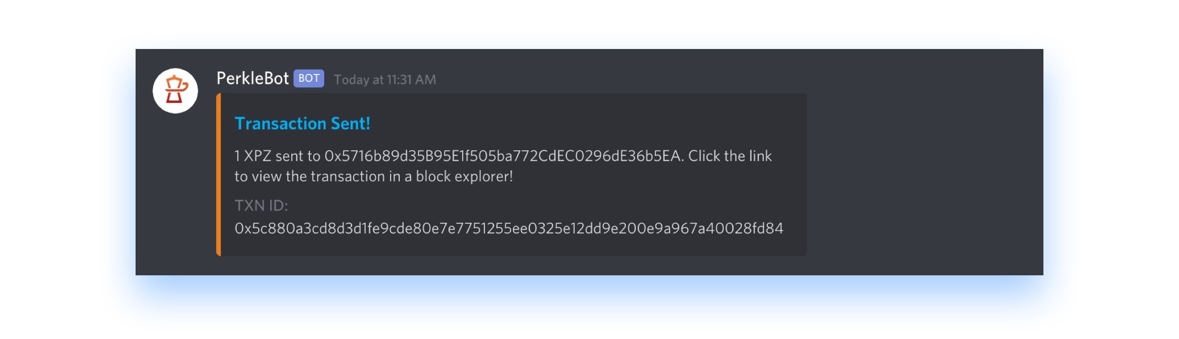 Esprezzo Discord PerkleBot transaction confirmation message