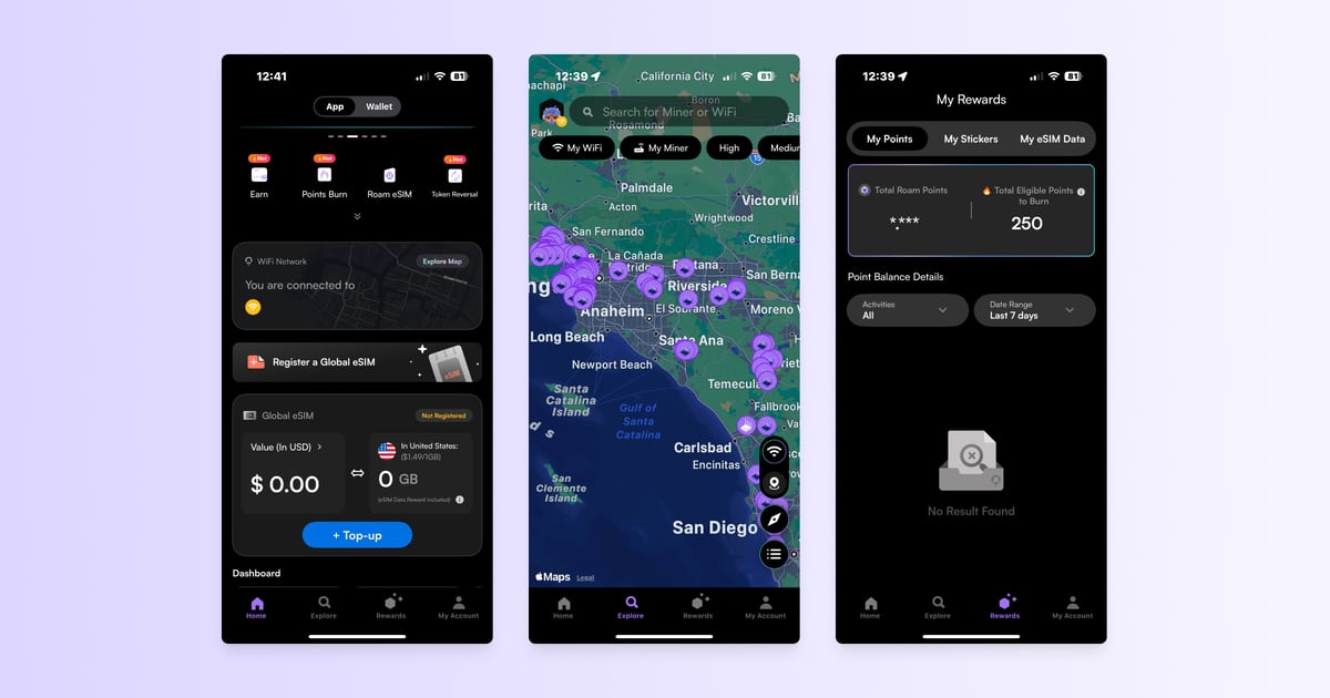 Roam App Interface showcasing global WiFi hotspots, eSIM management, and rewards dashboard in the decentralized ROAM network.