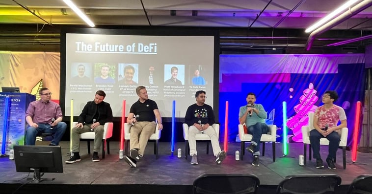 Members of Hedera, dfinity, Euler Finance, XBTO, and ZettaFi Labs discuss The Future of DeFi with host David Wachsman. Photo courtesy of ETHDenver