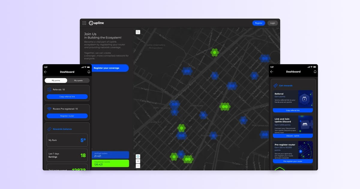 Uplink dashboard and mobile app showing decentralized 5G network coverage, referral rewards, and router registration progress.