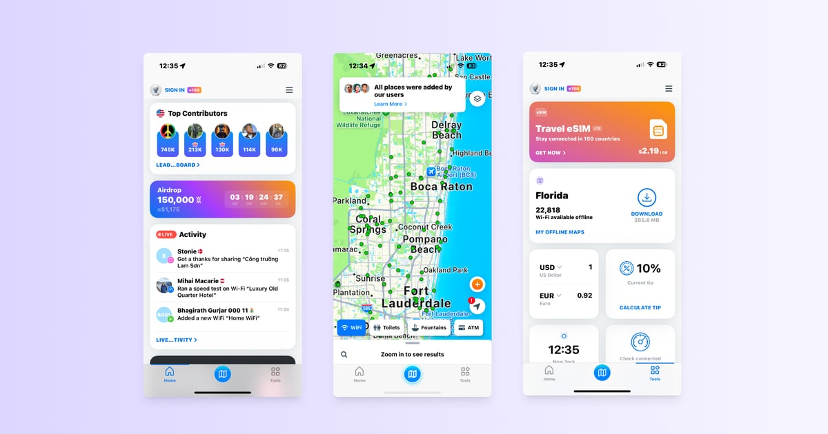 WiFi Map mobile app interface featuring crowdsourced WiFi hotspots, travel eSIM options, and contributor leaderboard for global connectivity.