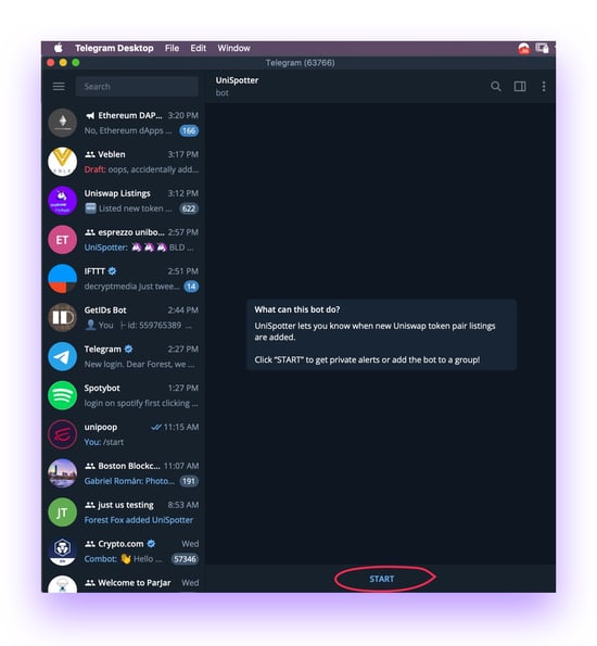 Screen shot showing how to get UniSpotter Telegram bot using Telegram desktop app