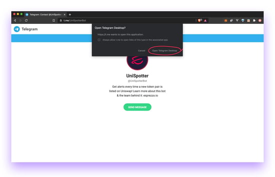 Screen shot showing how to get UniSpotter Telegram bot from Telegram web