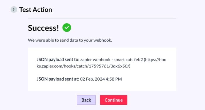 success message shown when esprezzo dispatch is able to send data to zapier webhook