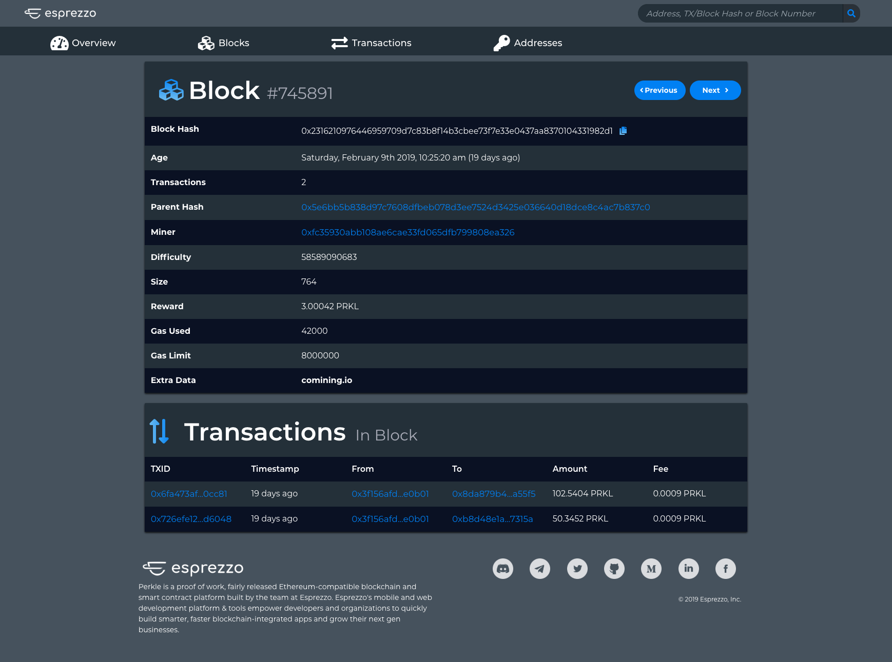 Esprezzo Block Explorer - Block Details page screen shot