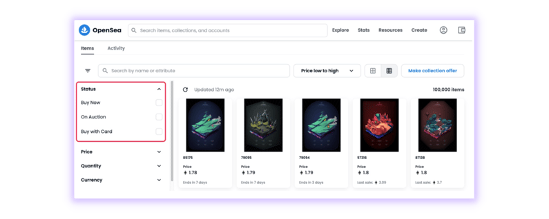 OpenSea NFT sale filters