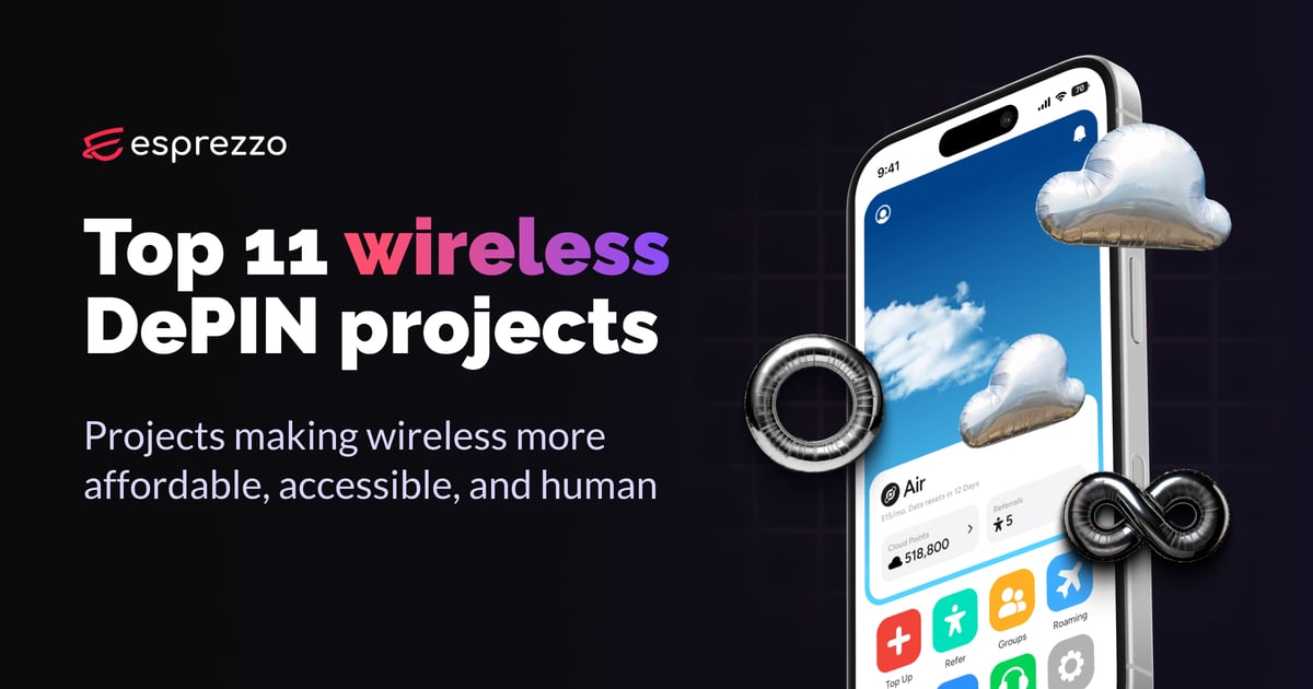 Cover image for Esprezzo’s blog on the top 11 wireless DePIN projects, highlighting decentralized wireless networks making connectivity more affordable, accessible, and community-powered.