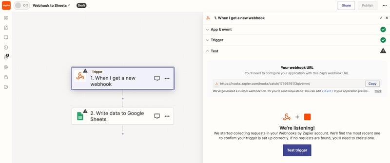 zapier webhook to sheets - webhook url