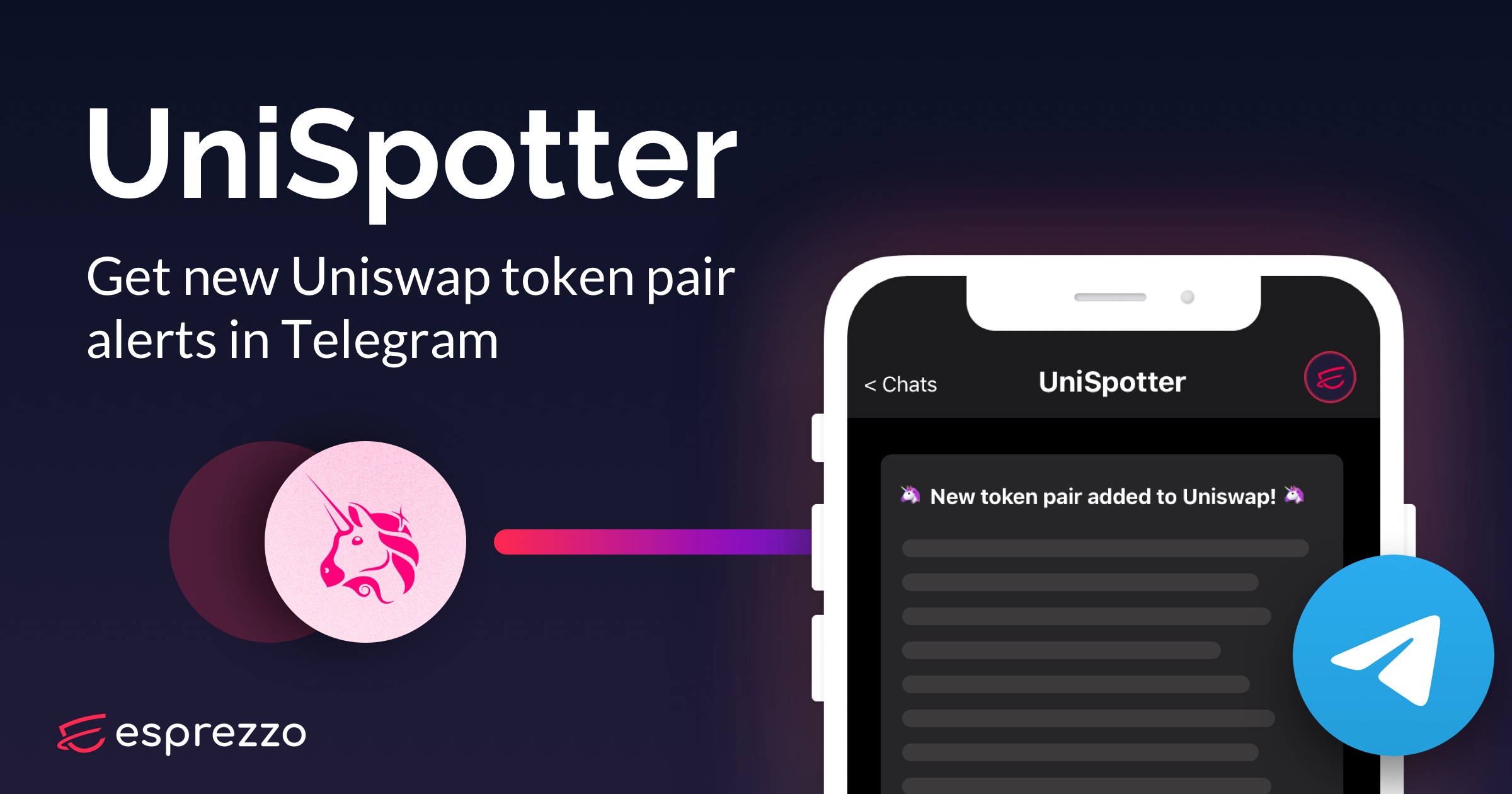Image promoting UniSpotter, a Telegram bot by Esprezzo that notifies subscribers of new Uniswap token pairs
